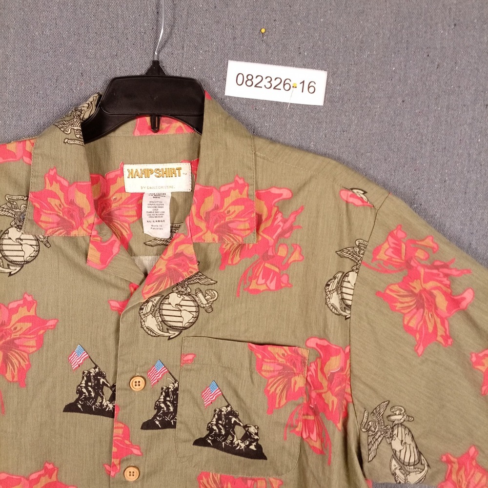 Eagle Crest USMC Marines Camp Shirt XL Olive Floral Iwo Jima Hibiscus Button Up